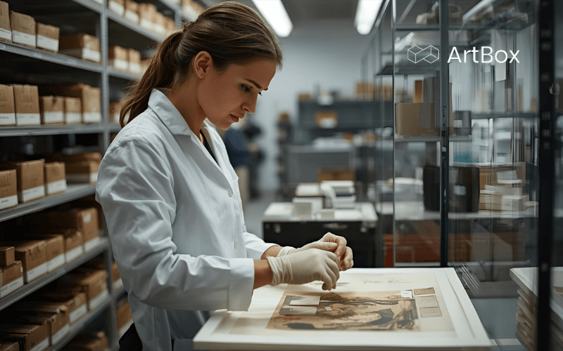 museologo profesional analizando coleccion obras arte museo archivo