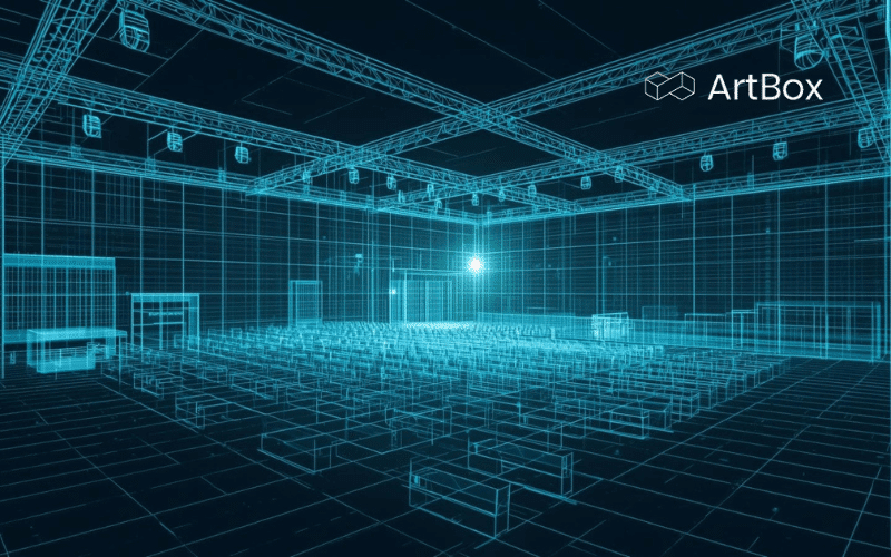 diseno de exposicion inmersiva con modelado 3d mostrando planificacion tecnica de proyectores y sistemas audiovisuales