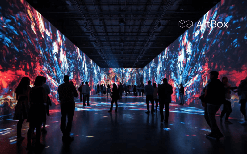 exposicion inmersiva con proyecciones 360 grados y visitantes sumergidos en experiencia multisensorial digital