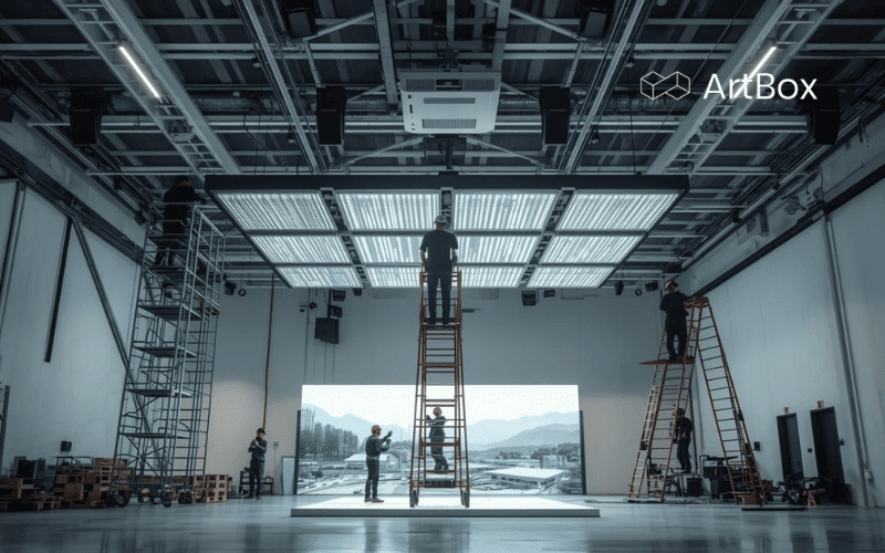 montaje profesional de exposicion interactiva con equipamiento tecnologico avanzado instalacion de proyectores led