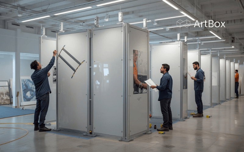 equipo tecnico montando exposicion itinerante paneles modulares iluminacion LED galeria arte