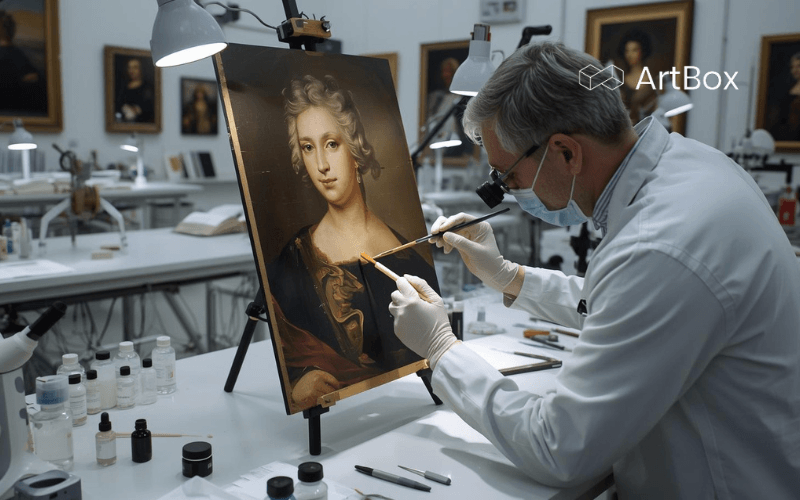 restaurador profesional trabajando limpieza pintura antigua taller conservacion guantes lupa materiales especializados