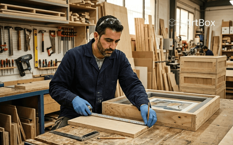 tecnico fabricando crate de contrachapado para obra de arte