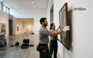equipo tecnico montando obra de arte en sala de exposiciones con diseno museografico profesional