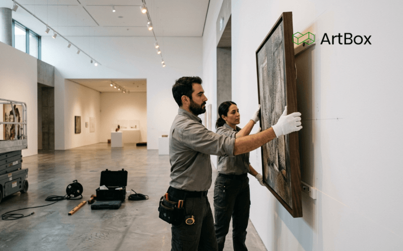 equipo tecnico montando obra de arte en sala de exposiciones con diseno museografico profesional