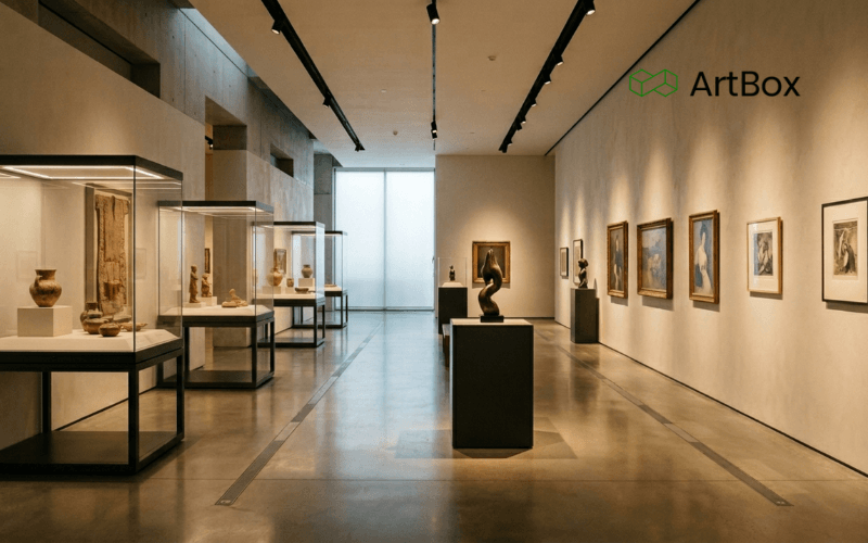 sala de exposiciones con museografia profesional iluminacion y vitrinas