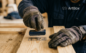 tecnico sellando embalaje de madera con marca ispm 15 para transporte de arte