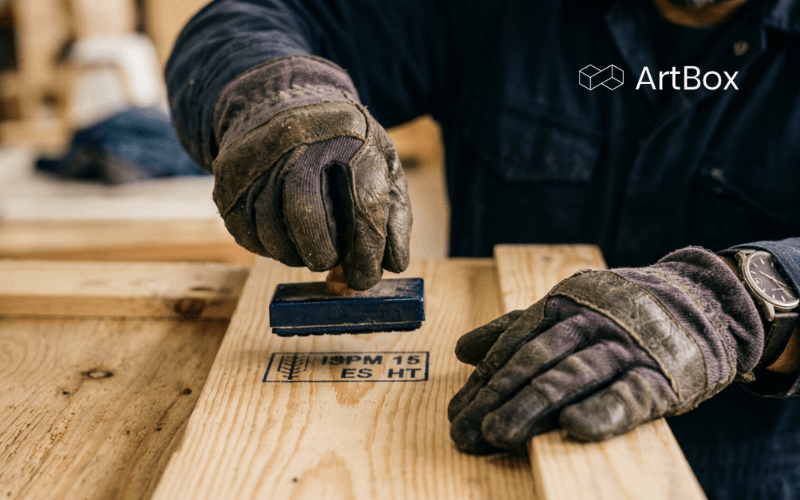 tecnico sellando embalaje de madera con marca ispm 15 para transporte de arte