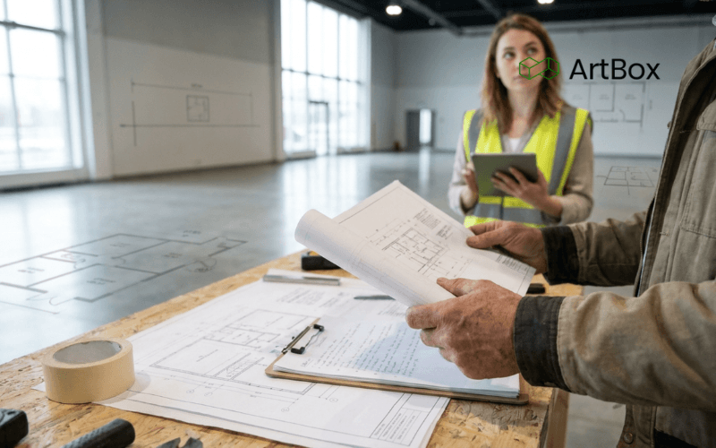 plano tecnico y ficha de obra sobre mesa de trabajo en sala de exposiciones