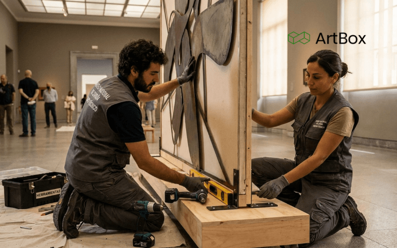 tecnicos instalando obra de arte sobre soporte museografico en sala