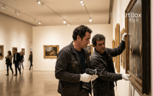 tecnicos desmontando obra de arte en sala de exposiciones