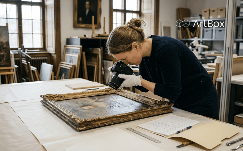 conservador documentando el estado de una pintura antes del montaje en sala