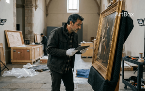 equipo tecnico revisando el condition report de una obra de arte antes de una exposicion